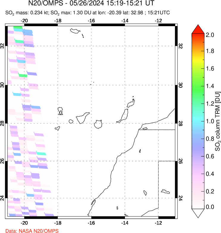 A sulfur dioxide image over Canary Islands on May 26, 2024.