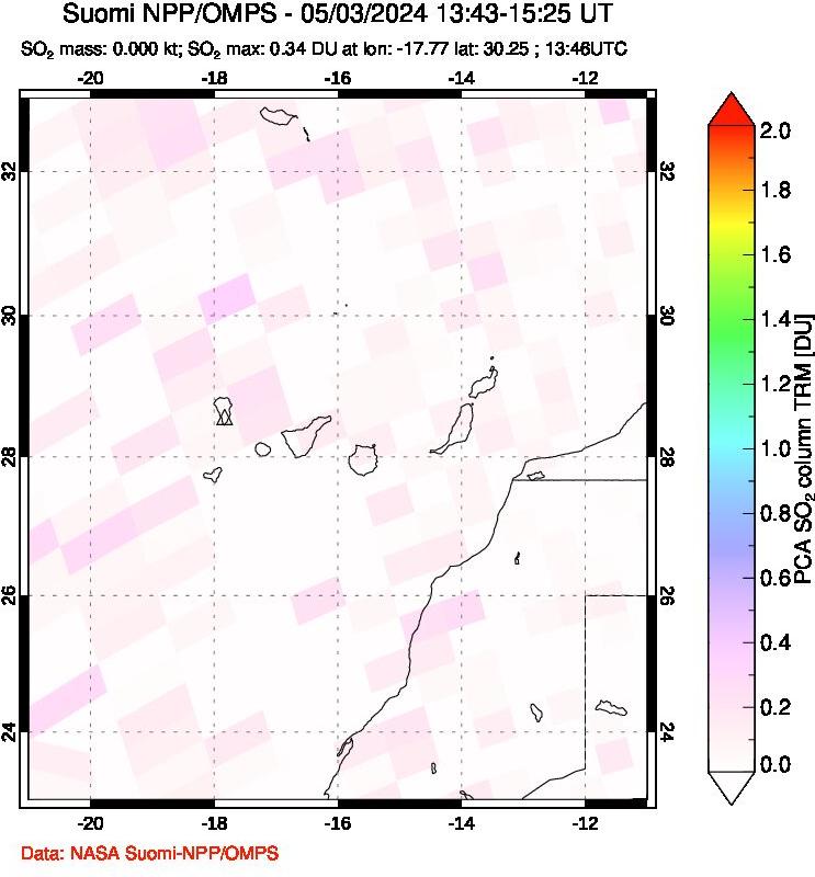 A sulfur dioxide image over Canary Islands on May 03, 2024.