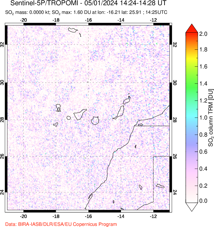 A sulfur dioxide image over Canary Islands on May 01, 2024.