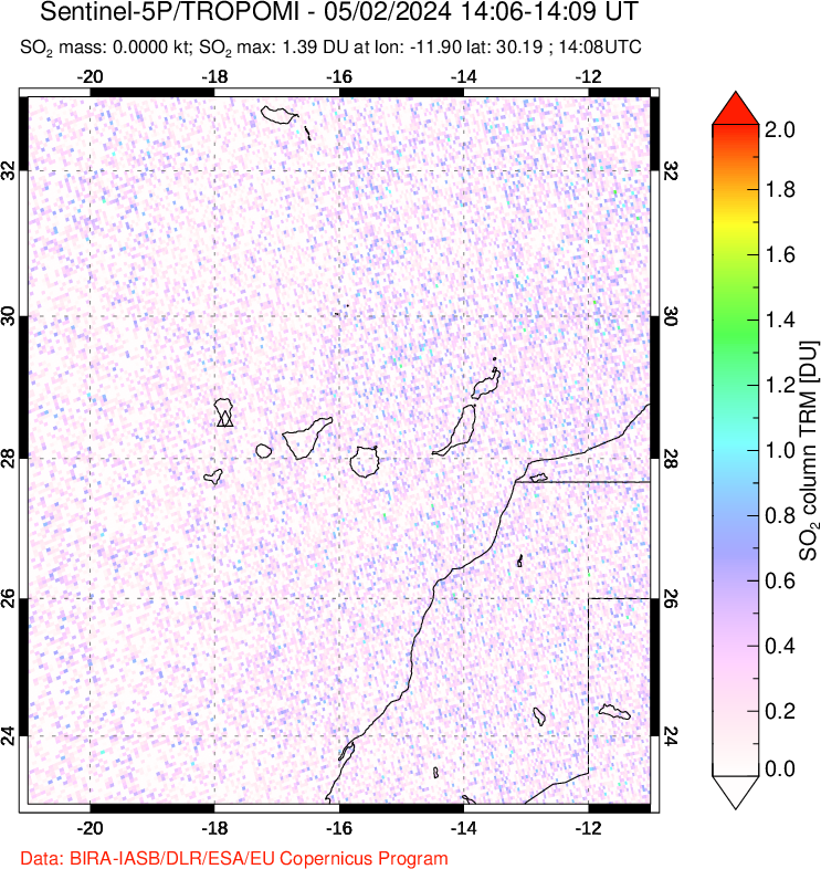 A sulfur dioxide image over Canary Islands on May 02, 2024.