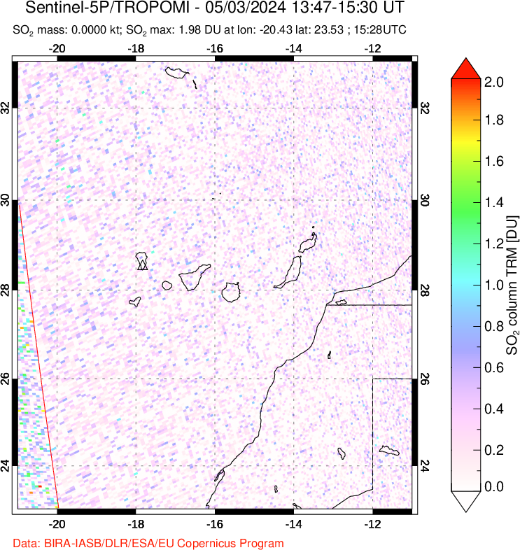 A sulfur dioxide image over Canary Islands on May 03, 2024.