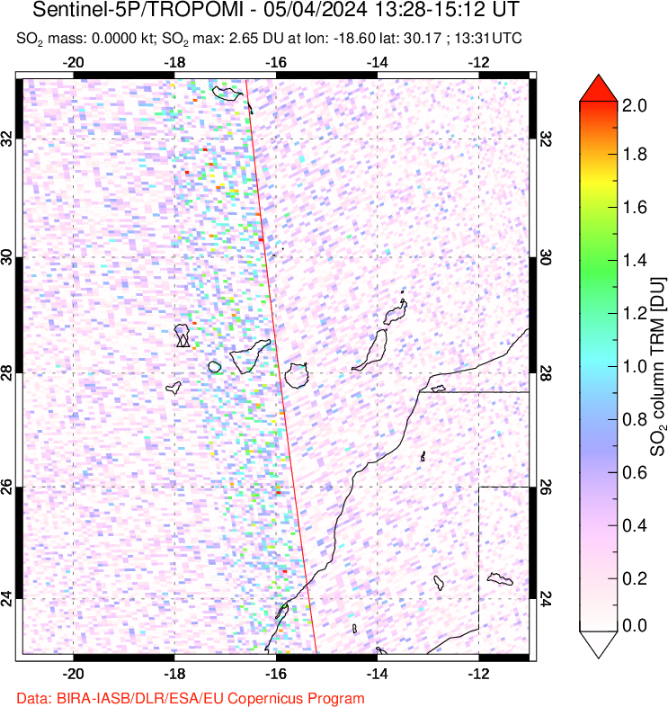 A sulfur dioxide image over Canary Islands on May 04, 2024.