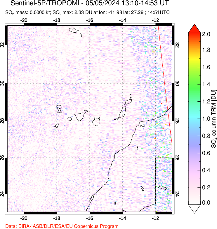 A sulfur dioxide image over Canary Islands on May 05, 2024.