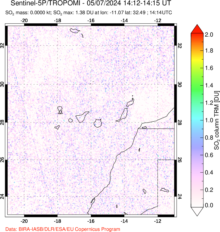 A sulfur dioxide image over Canary Islands on May 07, 2024.