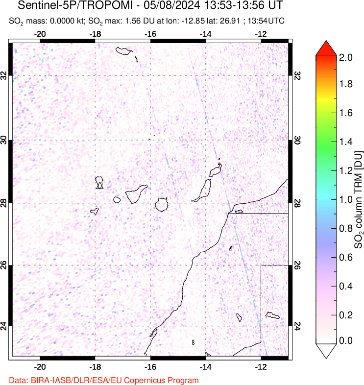 A sulfur dioxide image over Canary Islands on May 08, 2024.