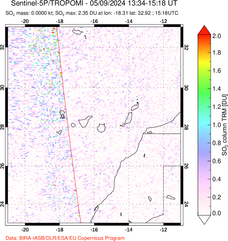 A sulfur dioxide image over Canary Islands on May 09, 2024.