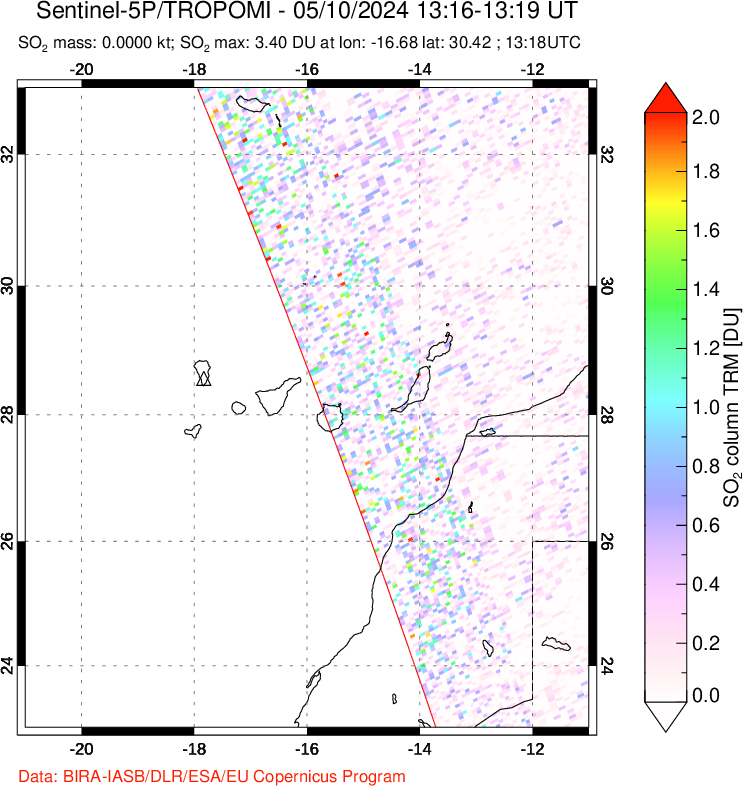 A sulfur dioxide image over Canary Islands on May 10, 2024.