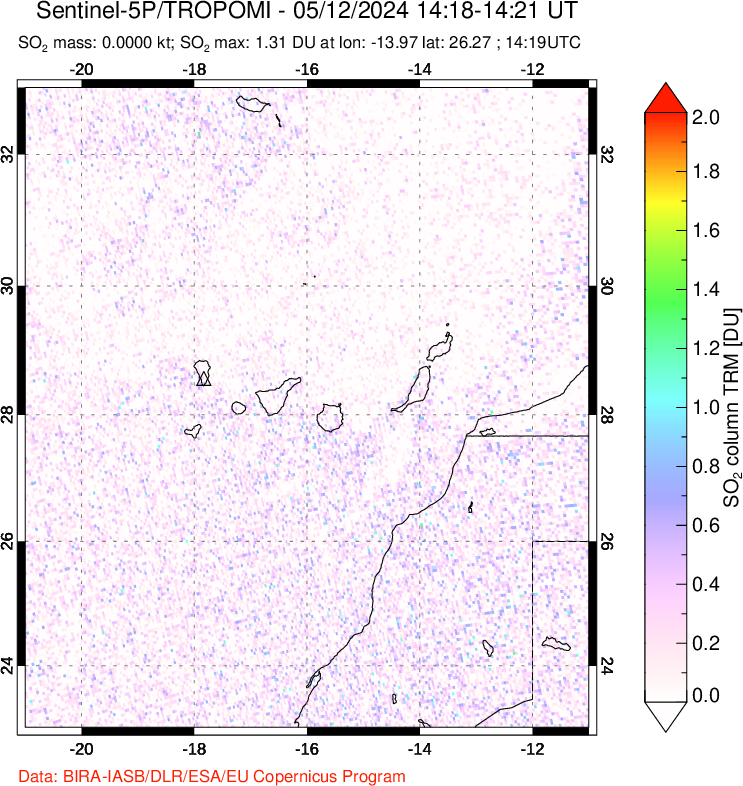 A sulfur dioxide image over Canary Islands on May 12, 2024.