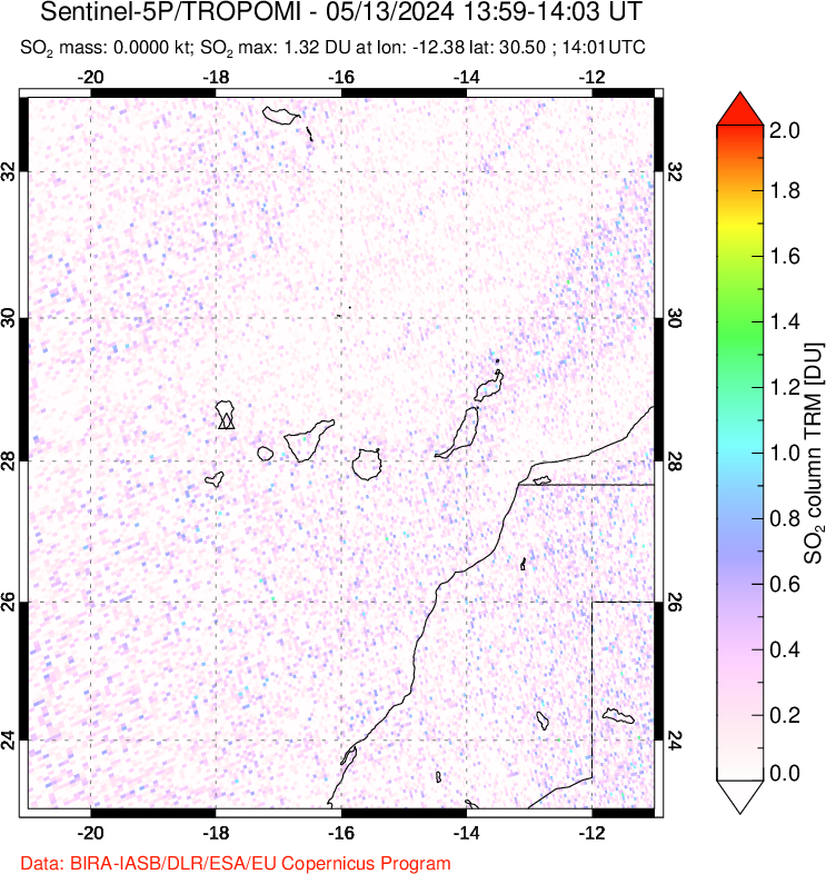 A sulfur dioxide image over Canary Islands on May 13, 2024.