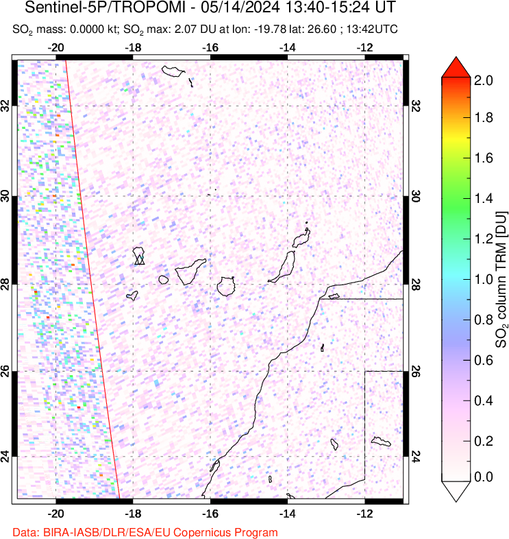 A sulfur dioxide image over Canary Islands on May 14, 2024.