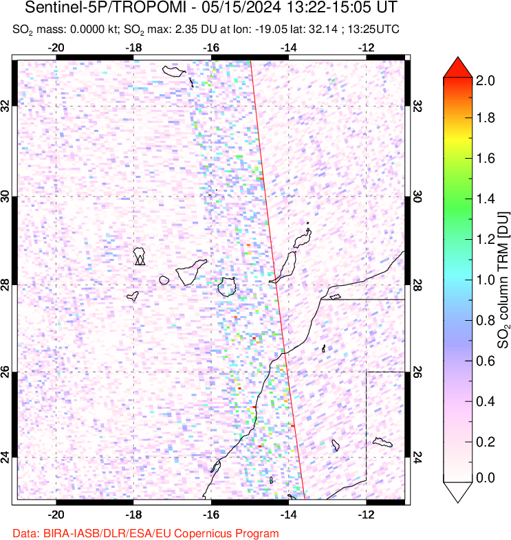 A sulfur dioxide image over Canary Islands on May 15, 2024.