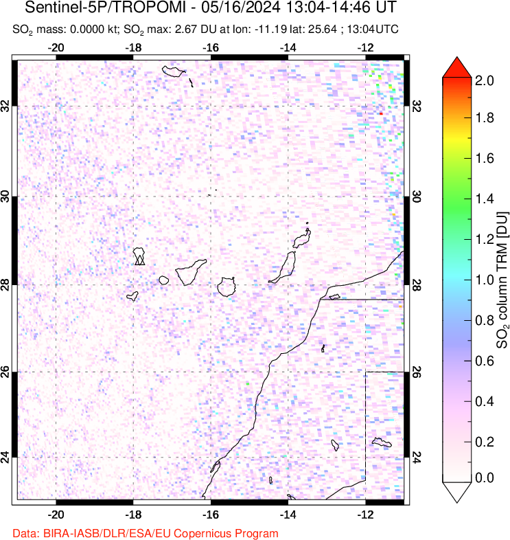 A sulfur dioxide image over Canary Islands on May 16, 2024.