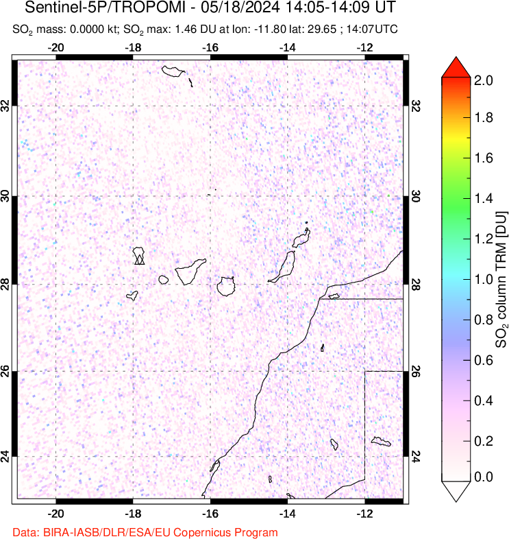 A sulfur dioxide image over Canary Islands on May 18, 2024.