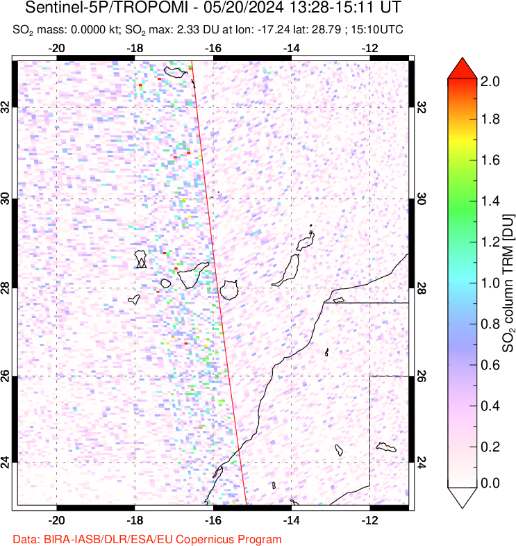 A sulfur dioxide image over Canary Islands on May 20, 2024.