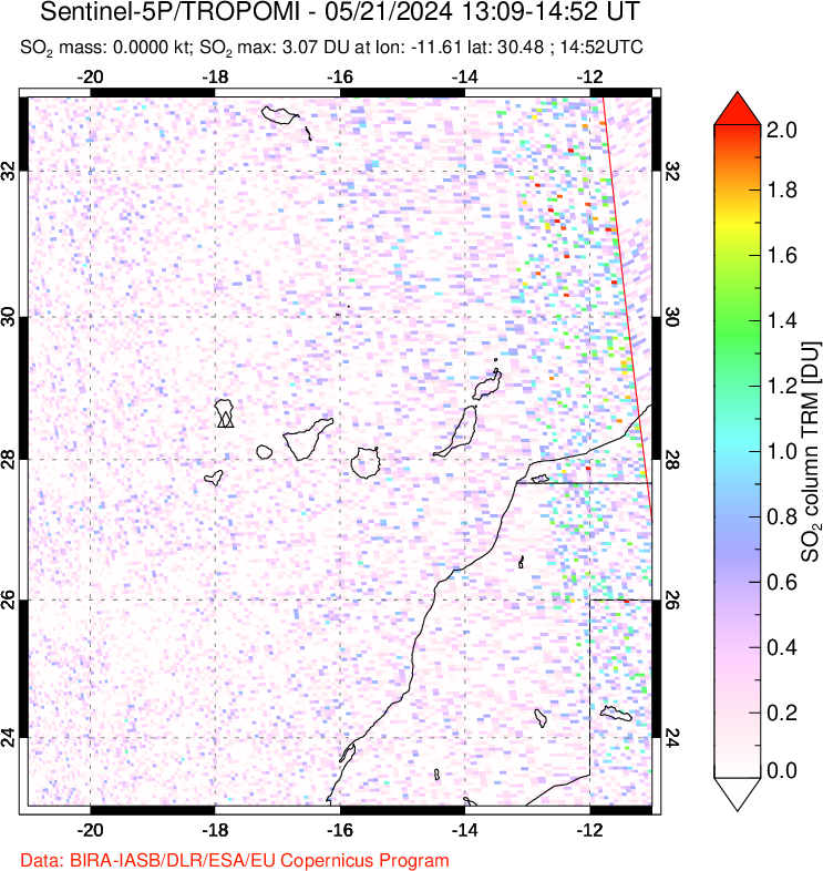 A sulfur dioxide image over Canary Islands on May 21, 2024.