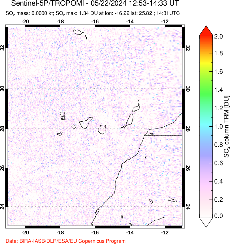 A sulfur dioxide image over Canary Islands on May 22, 2024.