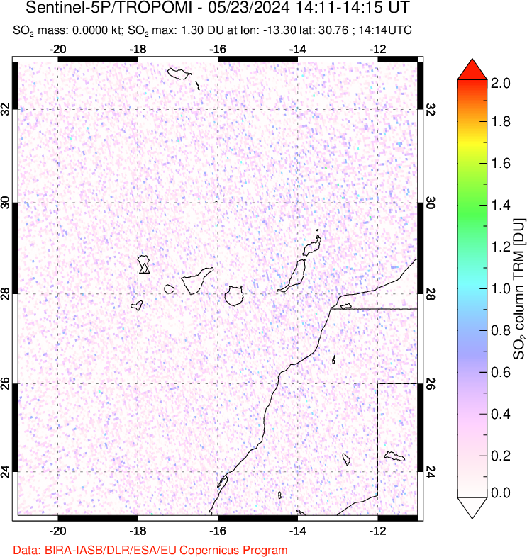 A sulfur dioxide image over Canary Islands on May 23, 2024.