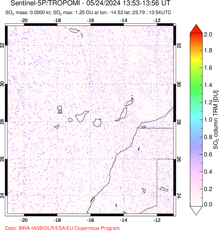 A sulfur dioxide image over Canary Islands on May 24, 2024.