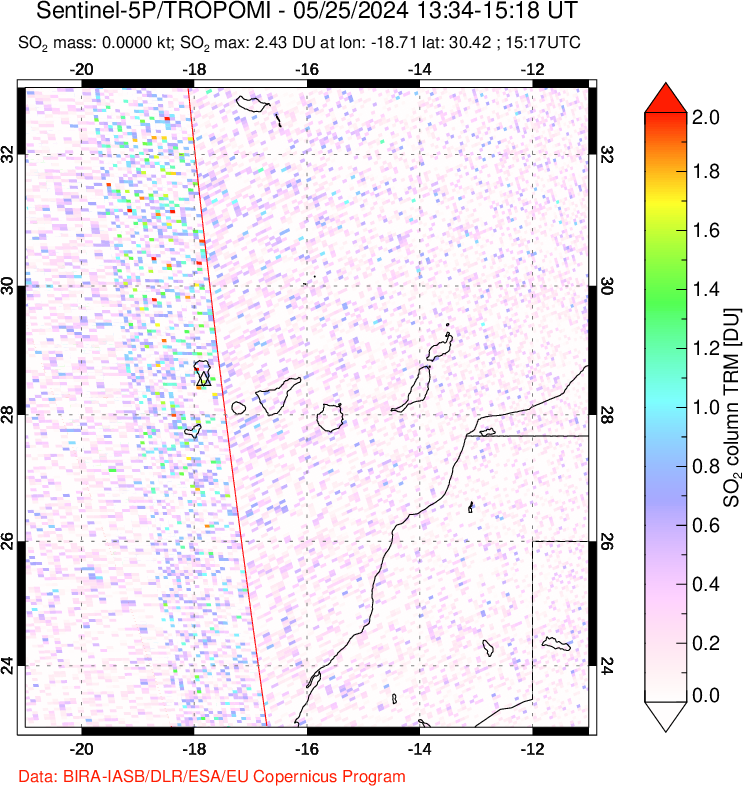 A sulfur dioxide image over Canary Islands on May 25, 2024.