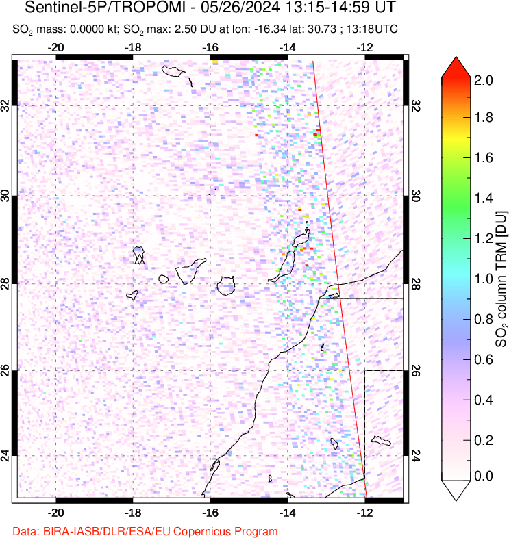 A sulfur dioxide image over Canary Islands on May 26, 2024.