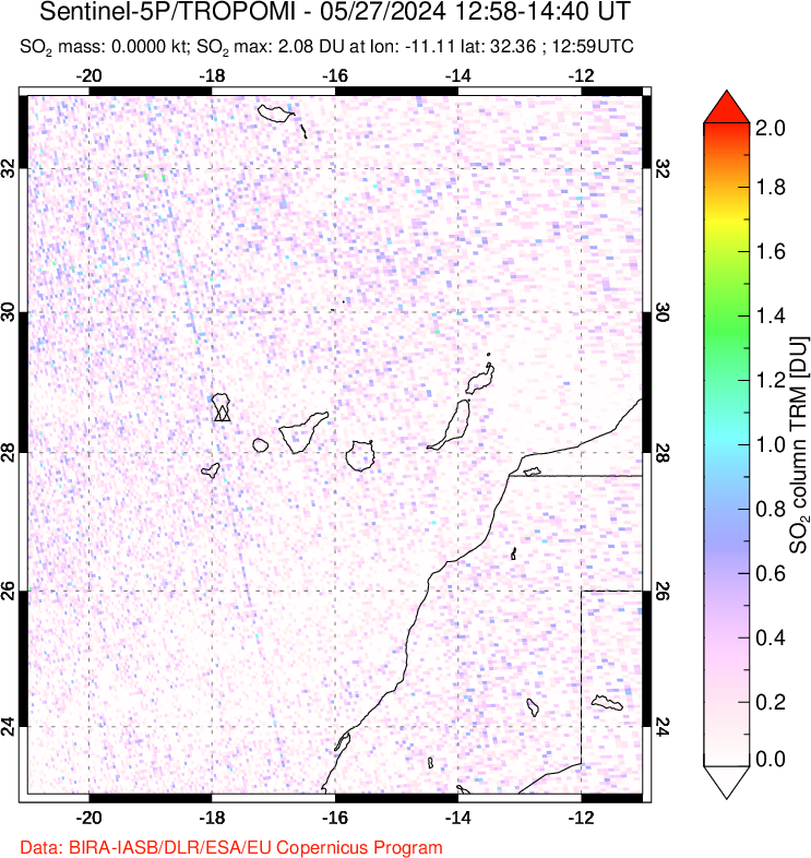 A sulfur dioxide image over Canary Islands on May 27, 2024.