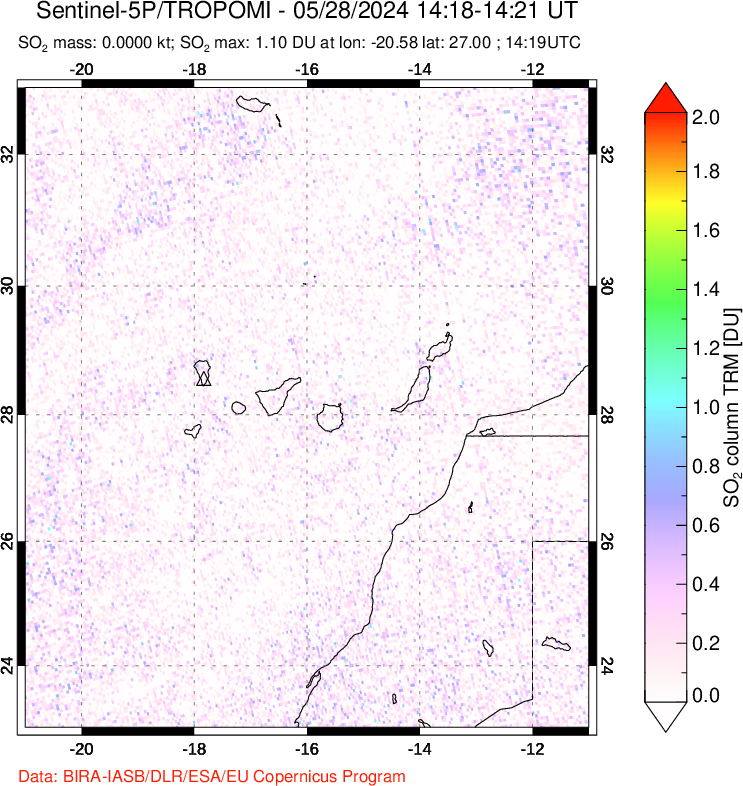 A sulfur dioxide image over Canary Islands on May 28, 2024.