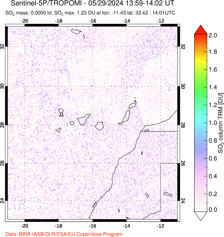 A sulfur dioxide image over Canary Islands on May 29, 2024.