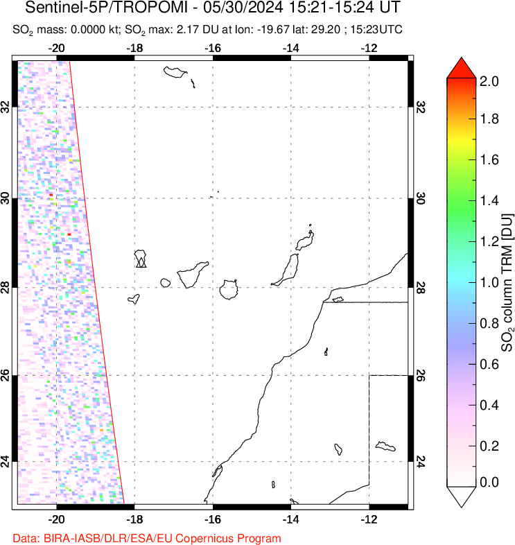 A sulfur dioxide image over Canary Islands on May 30, 2024.