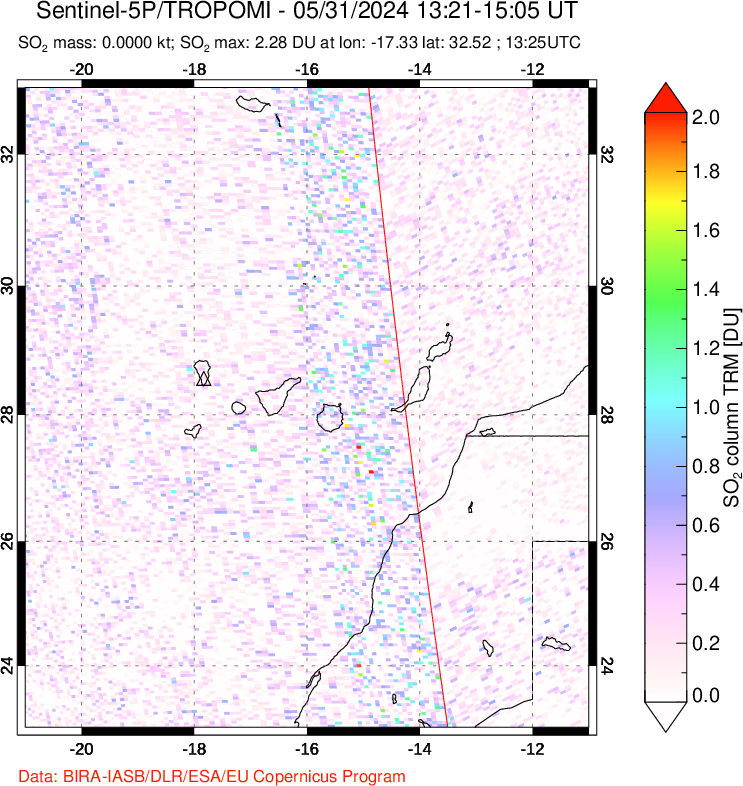 A sulfur dioxide image over Canary Islands on May 31, 2024.