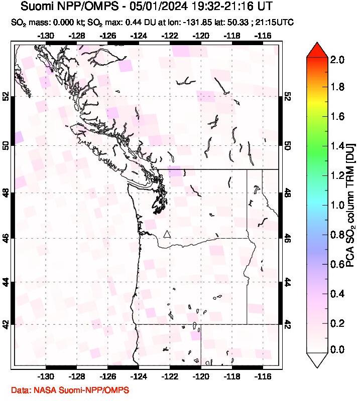 A sulfur dioxide image over Cascade Range, USA on May 01, 2024.