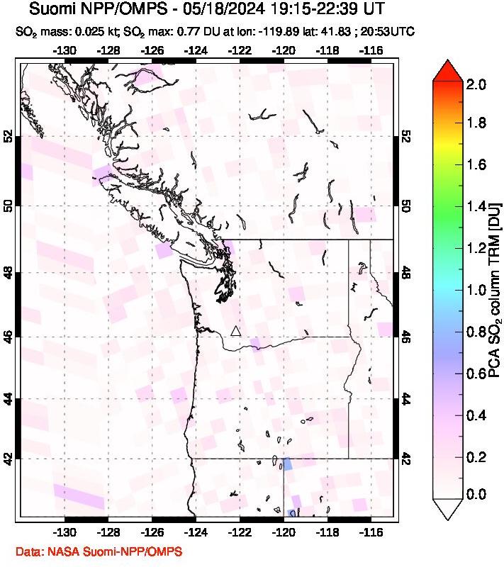 A sulfur dioxide image over Cascade Range, USA on May 18, 2024.