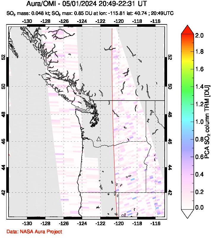 A sulfur dioxide image over Cascade Range, USA on May 01, 2024.