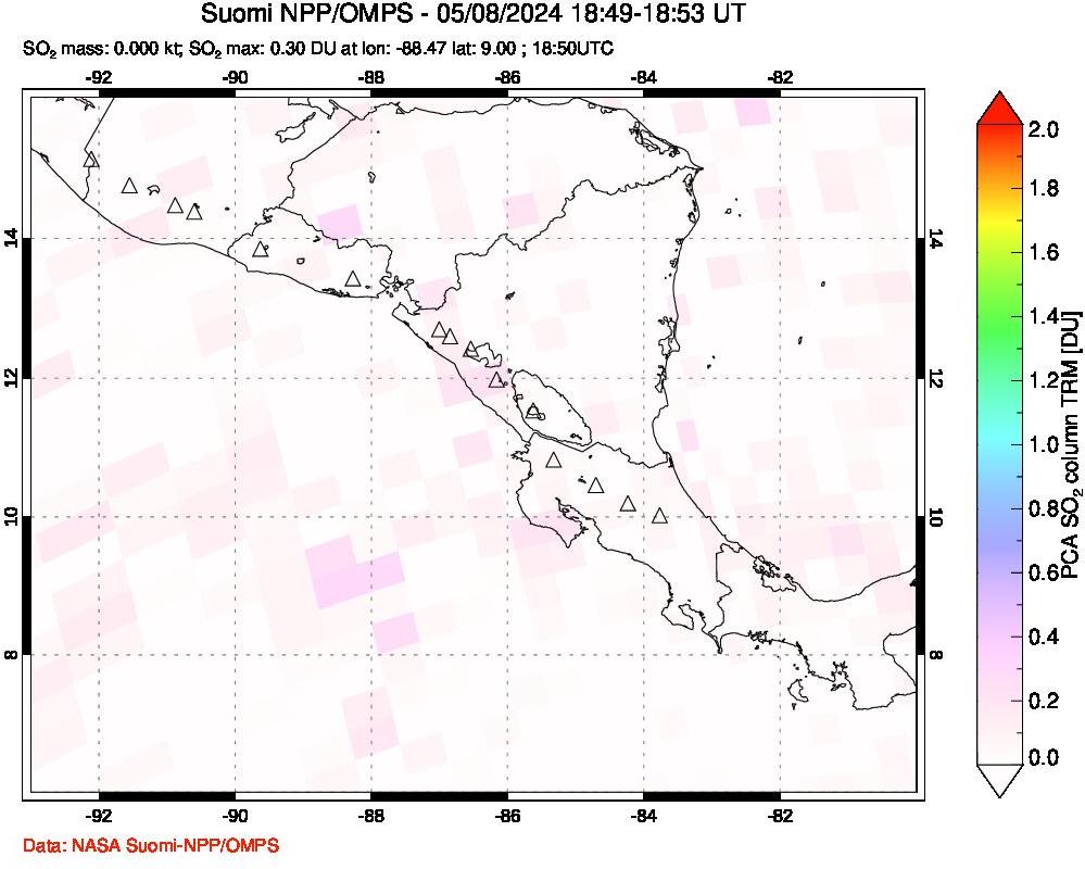 A sulfur dioxide image over Central America on May 08, 2024.