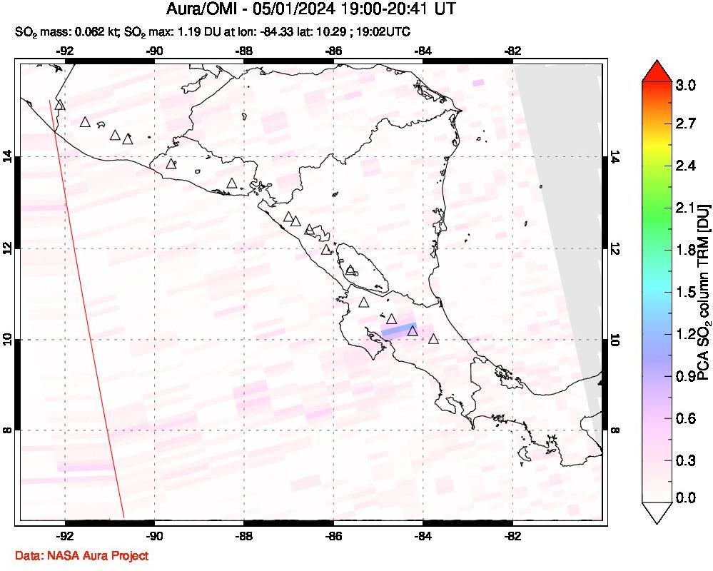 A sulfur dioxide image over Central America on May 01, 2024.