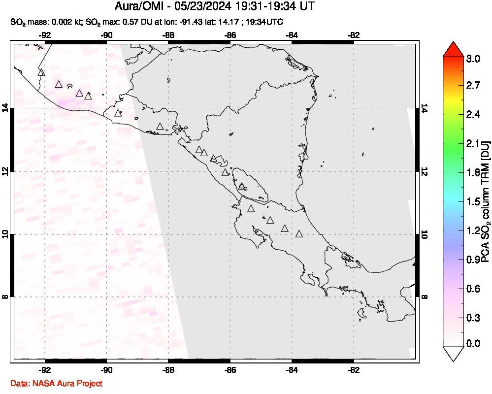 A sulfur dioxide image over Central America on May 23, 2024.