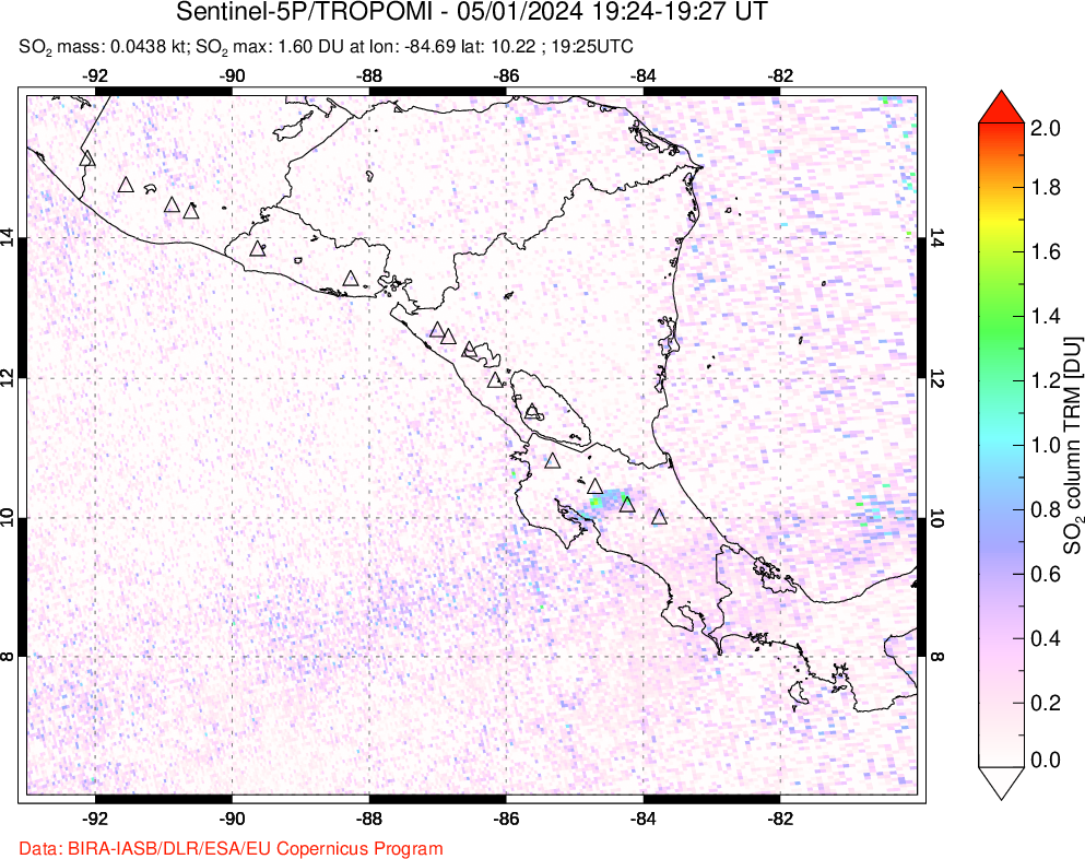 A sulfur dioxide image over Central America on May 01, 2024.