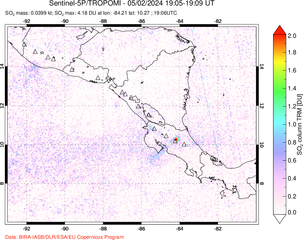 A sulfur dioxide image over Central America on May 02, 2024.