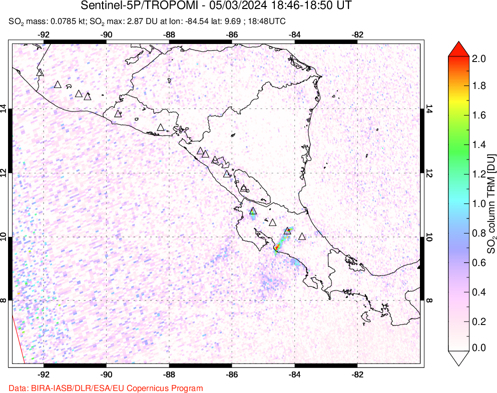 A sulfur dioxide image over Central America on May 03, 2024.