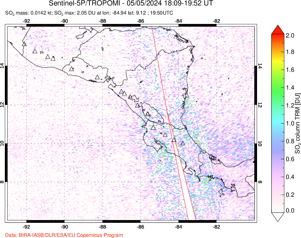 A sulfur dioxide image over Central America on May 05, 2024.