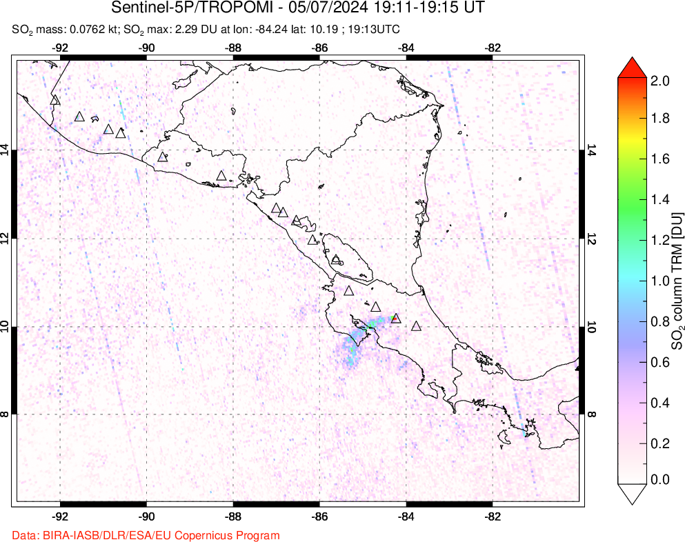 A sulfur dioxide image over Central America on May 07, 2024.