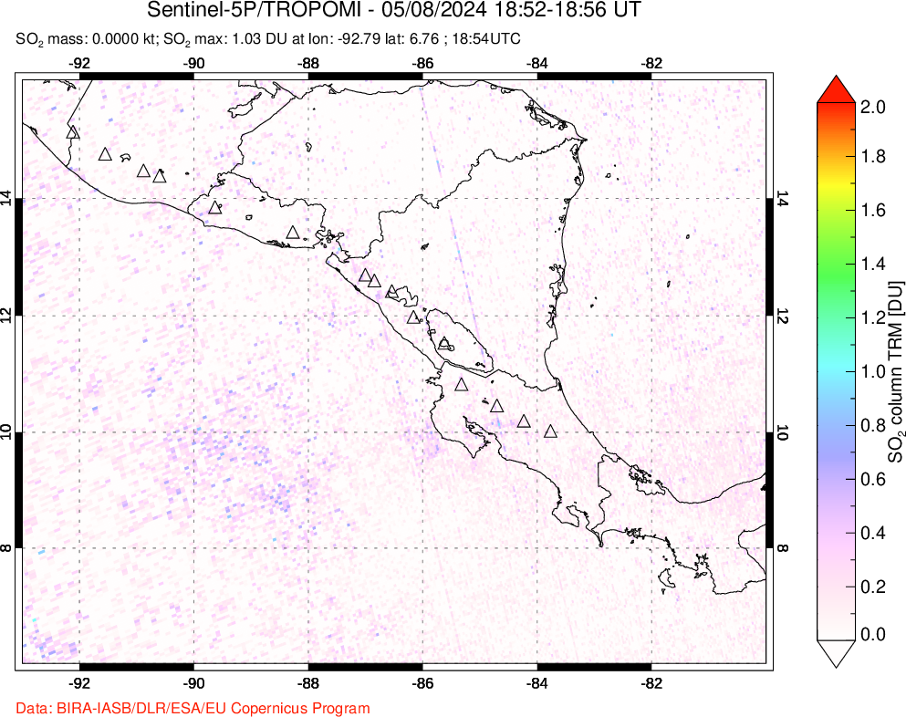 A sulfur dioxide image over Central America on May 08, 2024.