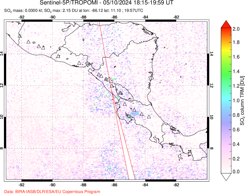 A sulfur dioxide image over Central America on May 10, 2024.