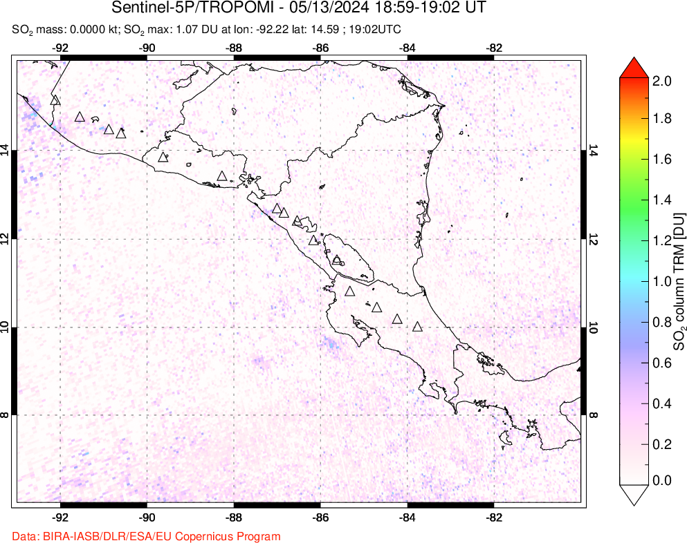 A sulfur dioxide image over Central America on May 13, 2024.