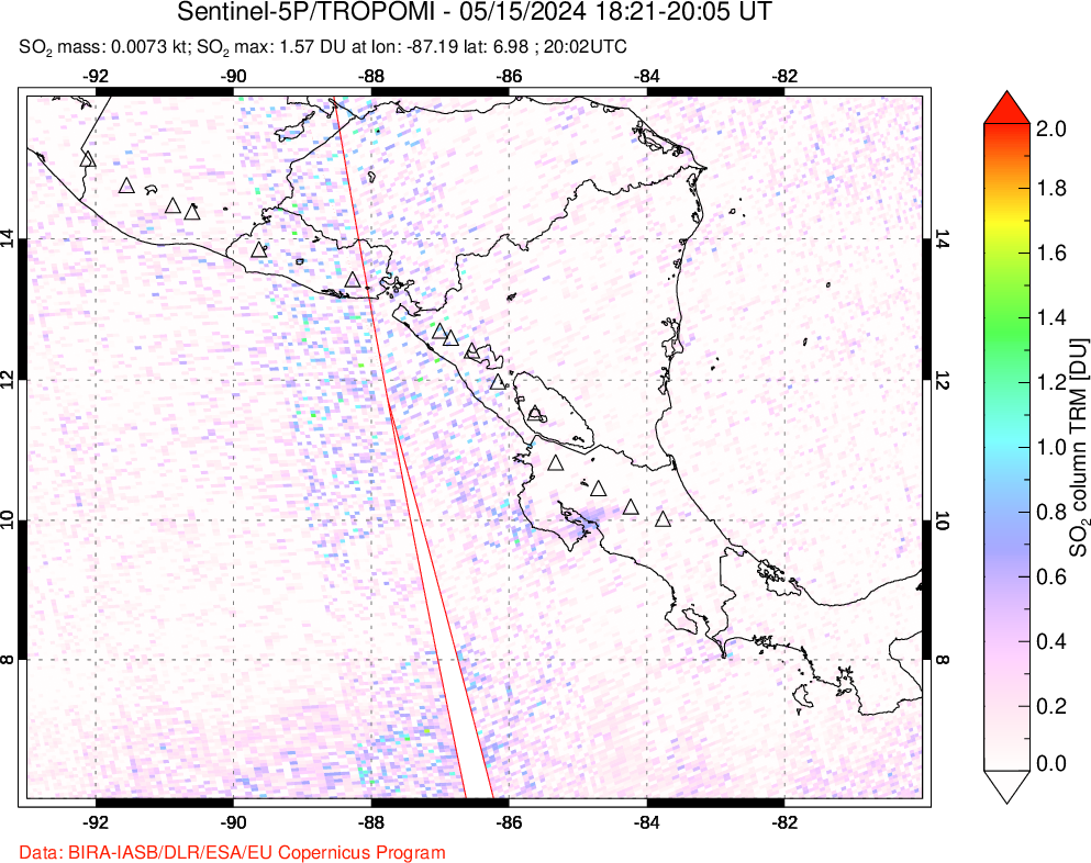 A sulfur dioxide image over Central America on May 15, 2024.