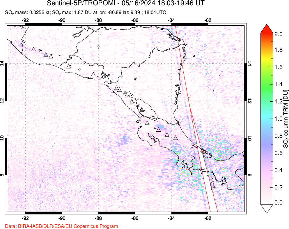 A sulfur dioxide image over Central America on May 16, 2024.