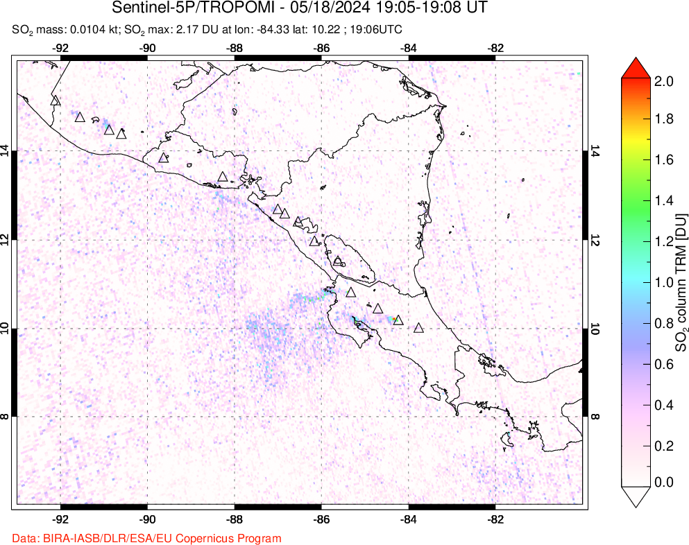 A sulfur dioxide image over Central America on May 18, 2024.