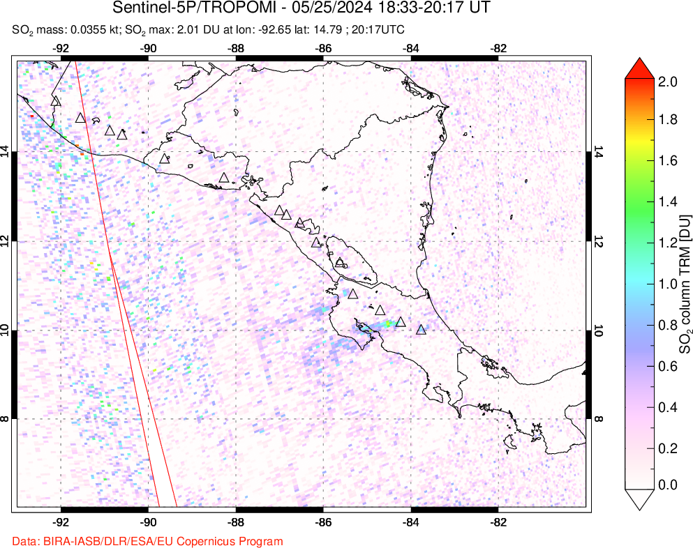 A sulfur dioxide image over Central America on May 25, 2024.