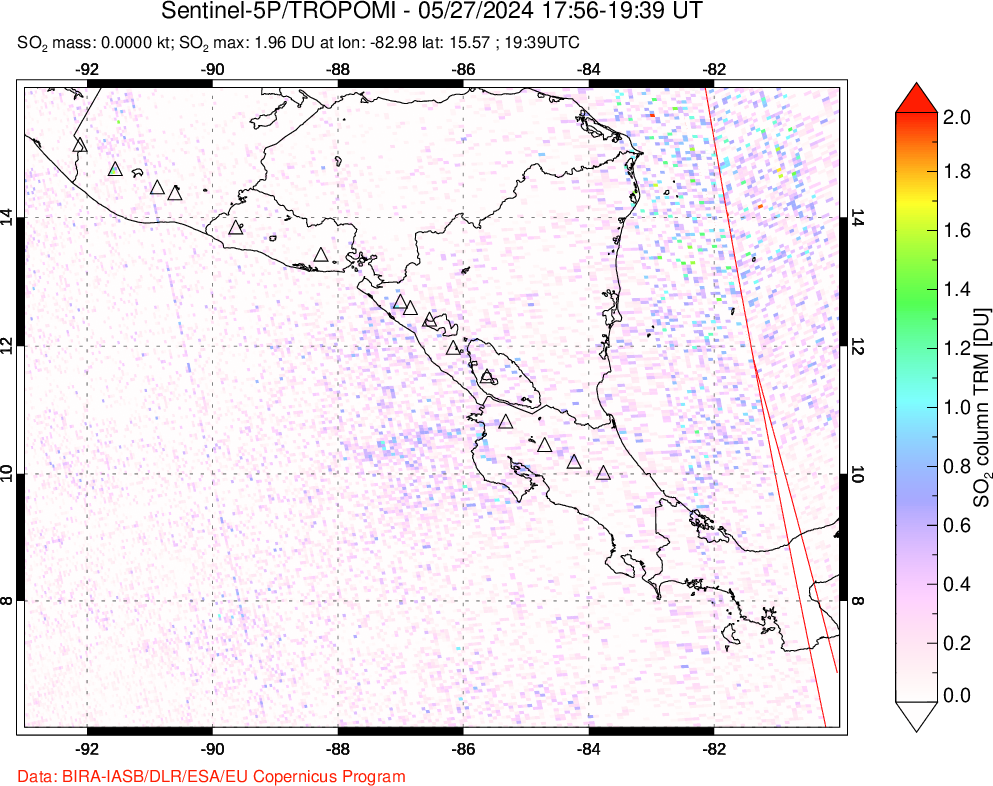 A sulfur dioxide image over Central America on May 27, 2024.