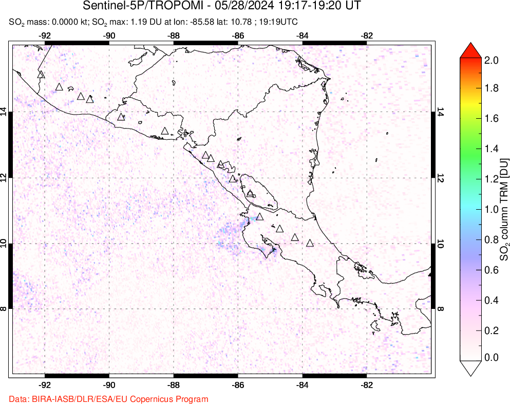 A sulfur dioxide image over Central America on May 28, 2024.