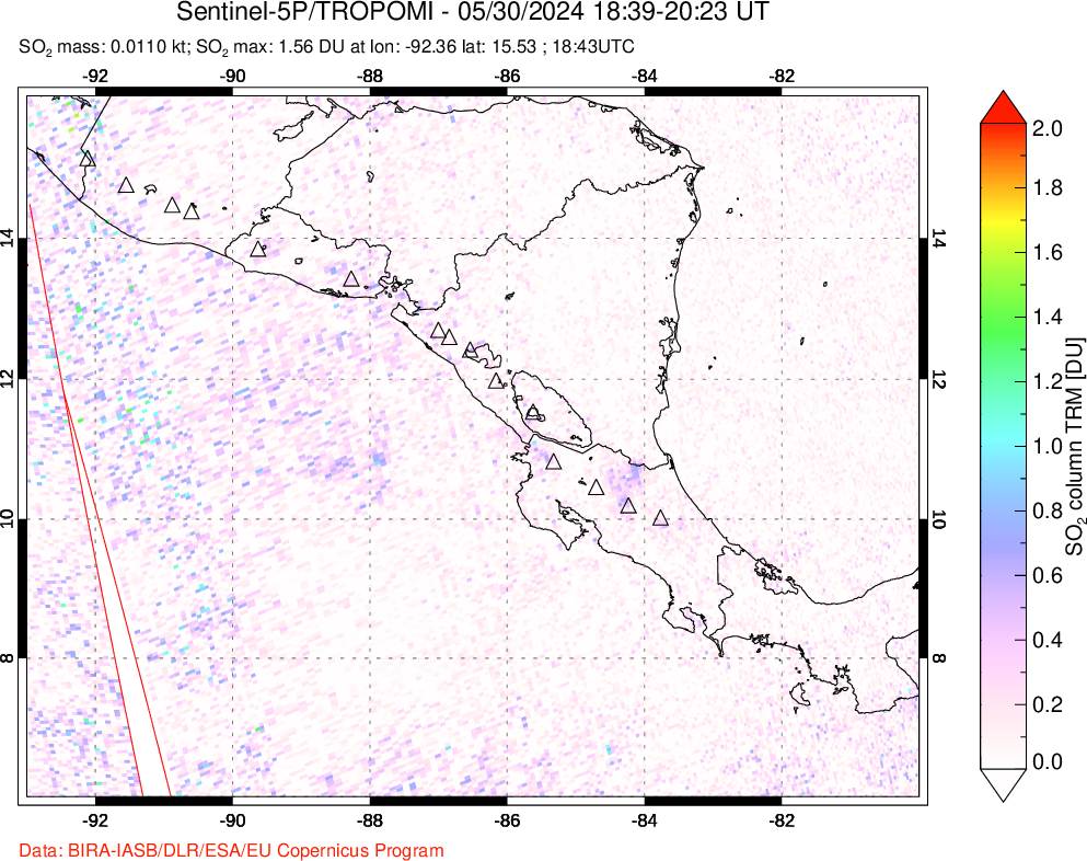 A sulfur dioxide image over Central America on May 30, 2024.